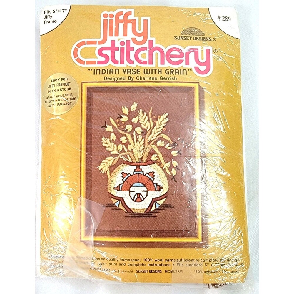 Sunset Designs Jiffy Stitchery Kit Indian Vase Grain 1978 Crewel Embroidery #289